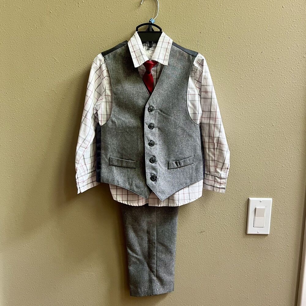 Calvin Klein 4 Pc Suite Set Boys Sz 5 Gray Red White Pants Best Tie Button Up